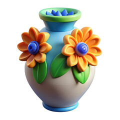 A charming 3d render of a light blue vase adorned with two vibrant orange flowers and green leaves, isolated on a clean transparent background