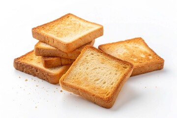 Square pieces of toasted bread made from white wheat flour on white background