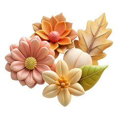 A delightful arrangement of pastelcolored flowers and autumn leaves, with a smooth, spherical object nestled amongst them, isolated on a clean transparent background