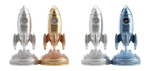 Futuristic Rocket Models in Gold and Silver with Trajectory Display