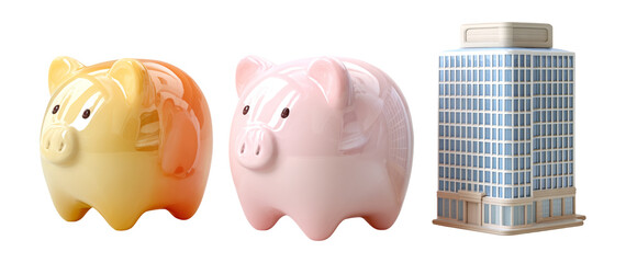 Colorful Piggy Banks and Modern Building Representing Savings and Investment