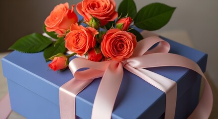 Elegant blue Gift Box with Pink Satin Ribbon and Coral Roses