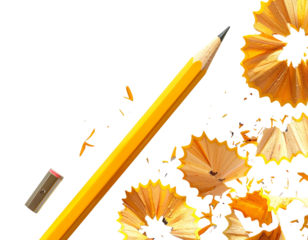 Classic Yellow Pencil with Pink Eraser and Shavings, School Flat Lay PNG