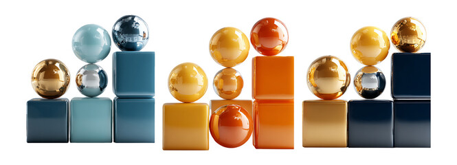 Colorful geometric shapes and spheres arranged in a modern design