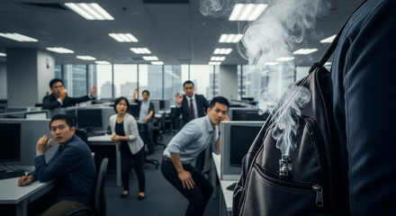 Unexpected Smoke Incident Causes Alarm and Disruption in a Busy Office Environment, as Colleagues React to the Unforeseen Cloud Bursting from a Backpack