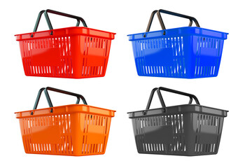 Four colorful shopping baskets isolated on transparent background