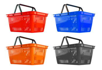 Four colorful shopping baskets isolated on transparent background