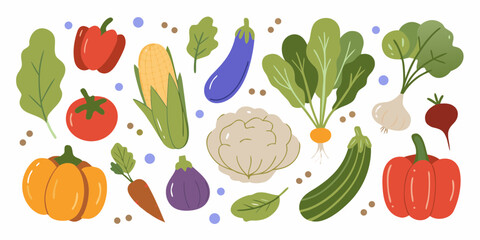 A colorful assortment of fresh vegetables and leafy greens arranged in a flat design style