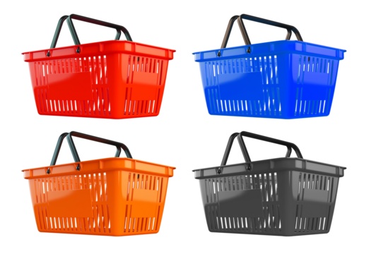 Four colorful shopping baskets isolated on transparent background