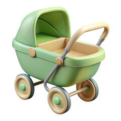 A cute, stylized green baby stroller with a light brown interior and handle, isolated on a transparent background