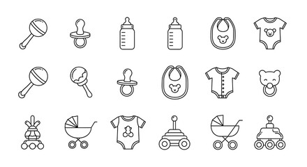 Baby essentials line art: Rattles, pacifiers, bottles, bibs, onesies, prams, and a unique toy