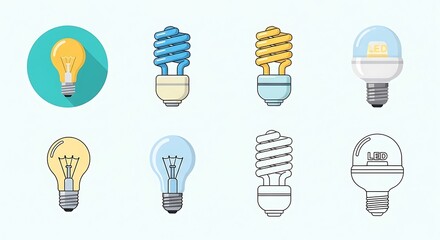 Assorted lightbulbs: Incandescent, fluorescent, and LED, in a clean, modern vector illustration