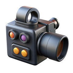A stylized 3d illustration of a vintagestyle black video camera with orange and purple lenses, isolated on a transparent background