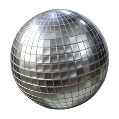 A classic silver disco ball, a symbol of celebration and nightlife, is presented isolated on a clean transparent background, ready to add sparkle to any design