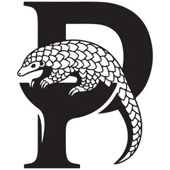 Stylized Black and White Illustration of a Pangolin Integrated with the Letter P