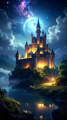 Mystical castle bathed in moonlight, atop a misty hill
