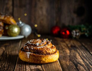 Festive cinnamon roll on rustic wooden table, holiday ornaments in background
