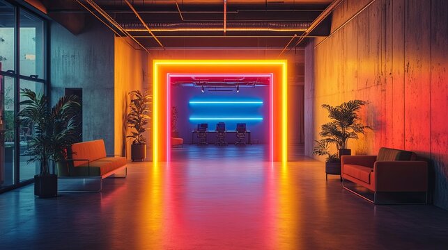 Neon artwork enhancing a coworking space with a futuristic office vibe