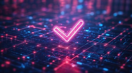 Neon checkmark symbolizing blockchain verification and decentralized security