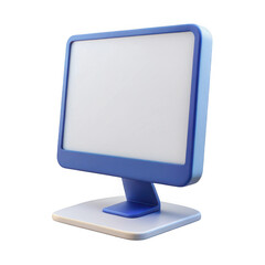 A 3d rendered blue computer monitor with a blank white screen sits on a light gray base, isolated on a transparent background