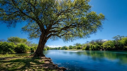 A large tree next to a river under a bright blue