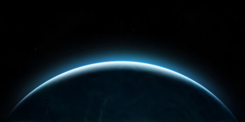 A mesmerizing celestial view of a distant planet illuminated by an ethereal blue glow emanating from its atmosphere against a vast expanse of deep space adorned with distant stars
