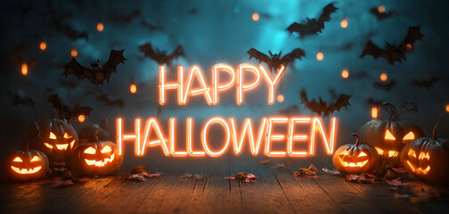 Spooky happy halloween text with glowing pumpkins and bats flying in a dark atmosphere