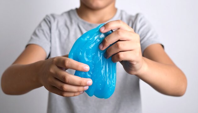 Child playing with blue slime