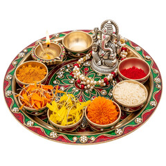 Vibrant Ganesha Pooja Thali with diya, flowers, kumkum, rice, and turmeric for auspicious celebrations