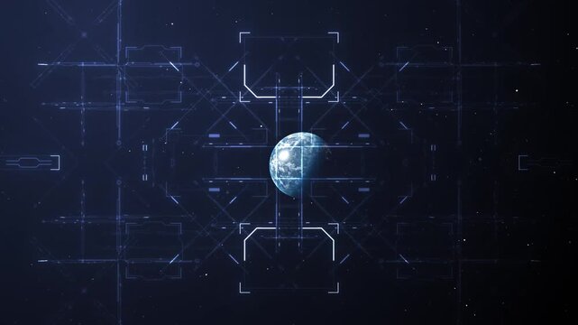 A complex, high-tech grid and interface targets a small planet Earth from space, sci-fi concept for futuristic surveillance or targeting systems - Powered by Adobe