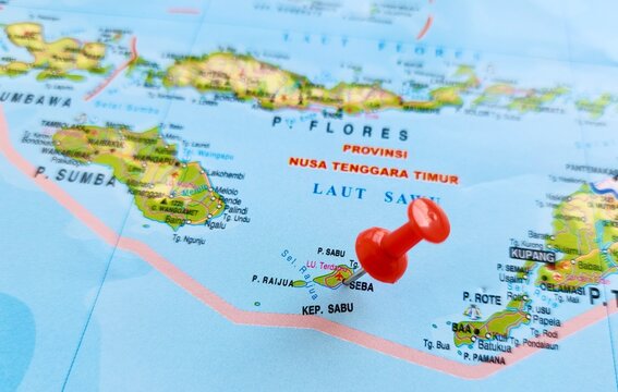 View of Seba, regency on Sabu or Savu islands,, East Nusa Tenggara Province, Indonesia, on geographical map of Republic of Indonesia, marked with red push pin
