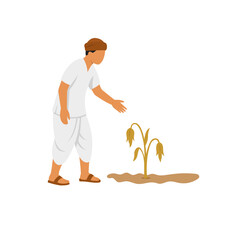 Indian farmer observing a dry and wilted plant, depicting the impact of drought, water scarcity, and climate change on rural agriculture.