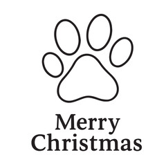 Vector illustration of a dog paw footprint with “Merry Christmas” text below, black and white style, outlined with bold black lines, perfect for festive designs.