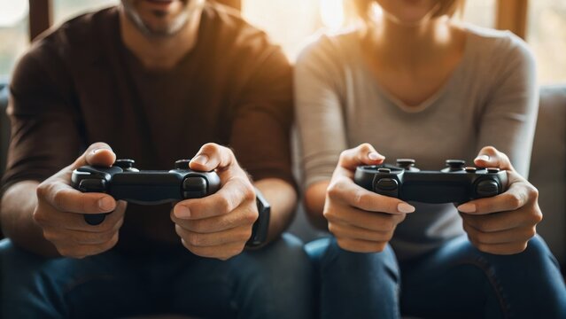 Two people are sitting together, each holding a game controller, engaged in playing video games in a cozy setting.