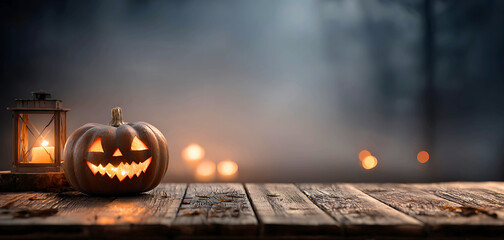 Spooky jack o lantern with flickering candlelight on rustic wooden table for halloween celebration