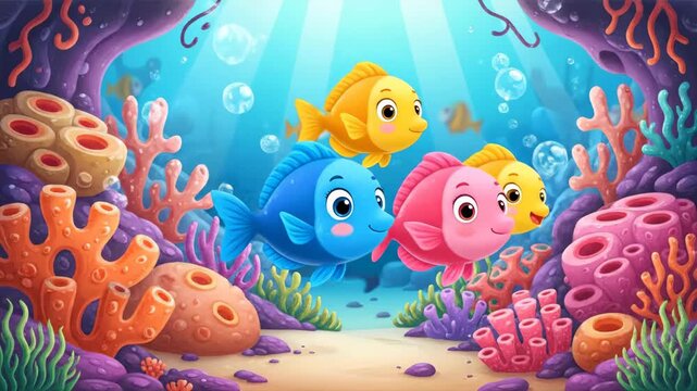 Cute Cartoon Fish Family in Vibrant Coral Reef - A charming illustration of a cartoon fish family &ndash; blue, pink, and yellow &ndash; swimming happily amidst a colorful coral reef.