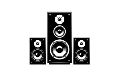 Obraz premium Illustration of three black speakers of varying sizes arranged together on a white background space art