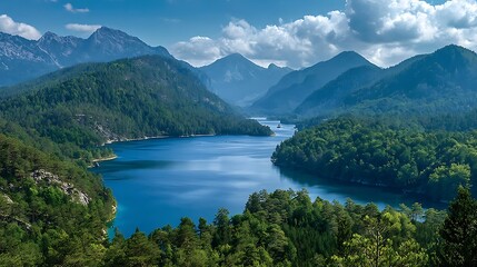 Naklejka premium A scenic view of a lake surrounded by green forest