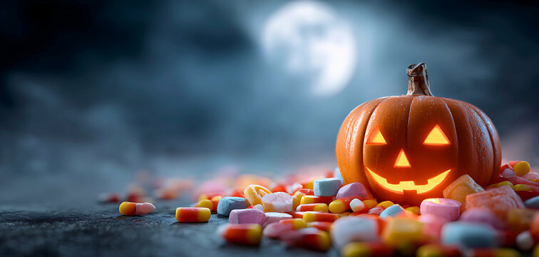 Happy halloween jack-o'-lantern glowing with candy spilling out under a full moon