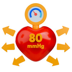 3d icon of diastolic blood pressure showing 80 mmHg text on relaxed heart and yellow arrows.	