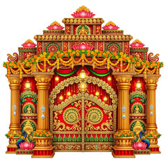Fototapeta premium Magnificent Indian temple entrance ornate with gold, lotuses, and peacocks for festive celebrations