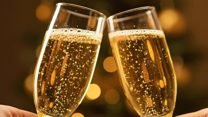 Champagne Toast New Year Celebration - Two glasses of sparkling champagne are held up in a celebratory toast, with a blurred background of golden lights suggesting a festive New Year's Eve atmosphere. - Powered by Adobe