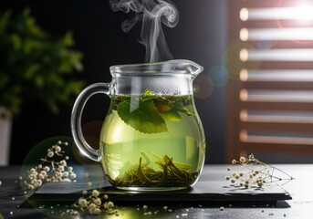 Aromatic green tea steaming in glass pitcher, cozy setting