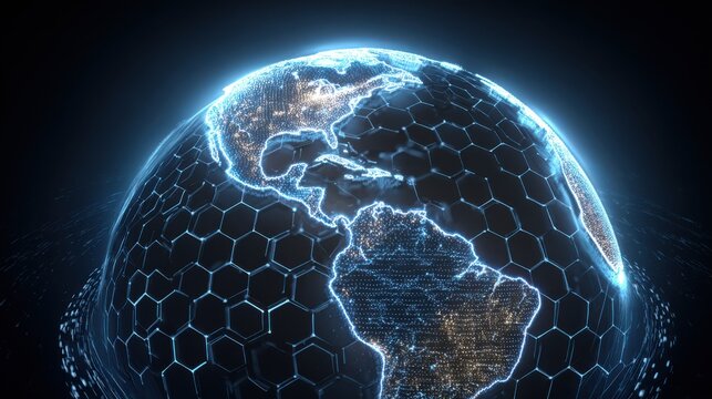 3D Digital Globe with Hexagonal Grid Displaying Bright Cities and Geographical Details in a Dark Background Environment