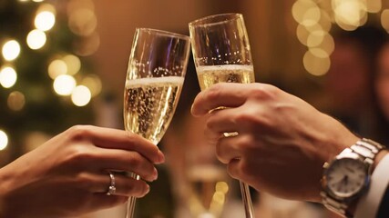 Couple Toasting with Champagne at Festive Celebration - Close-up of a couple clinking champagne glasses during a celebratory toast. - Powered by Adobe