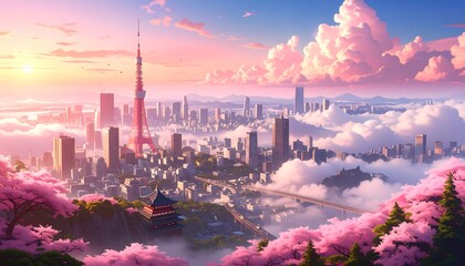Panoramic cityscape view of a stylized Japanese city at sunrise, with blossoming cherry trees