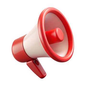 Realistic 3d icon of a bold red and white mega phone announcing loudly