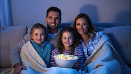A family of four enjoys a cozy movie night on a couch, wrapped in blankets, with a bowl of popcorn in a dimly lit room.
