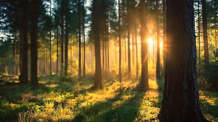 On an Autumn morning, golden rays of light shine through the tree canopies with a path in a forest