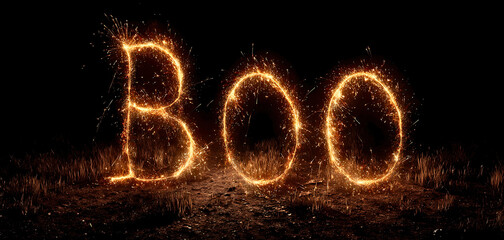 Burning boo letters creating a spooky halloween holiday atmosphere with glowing embers and light effects